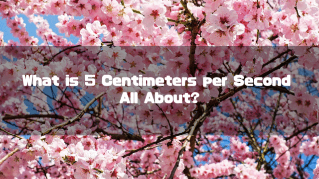 A vibrant background of pink cherry blossoms in full bloom against a blue sky, with a text overlay that reads, “What is 5 Centimeters per Second All About?”