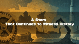 A split-screen image depicting historical and technological elements, with the text 'A Story That Continues to Witness History' overlaid in the center. The left side features a golden gear, a castle, and a steam train against an orange-brown sky. The right side shows an ancient warship, a mechanical claw, and a rocket against a blue-green sky with constellations.