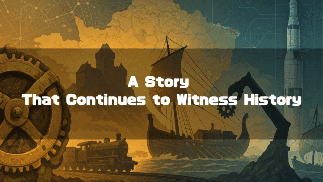 A split-screen image depicting historical and technological elements, with the text 'A Story That Continues to Witness History' overlaid in the center. The left side features a golden gear, a castle, and a steam train against an orange-brown sky. The right side shows an ancient warship, a mechanical claw, and a rocket against a blue-green sky with constellations.