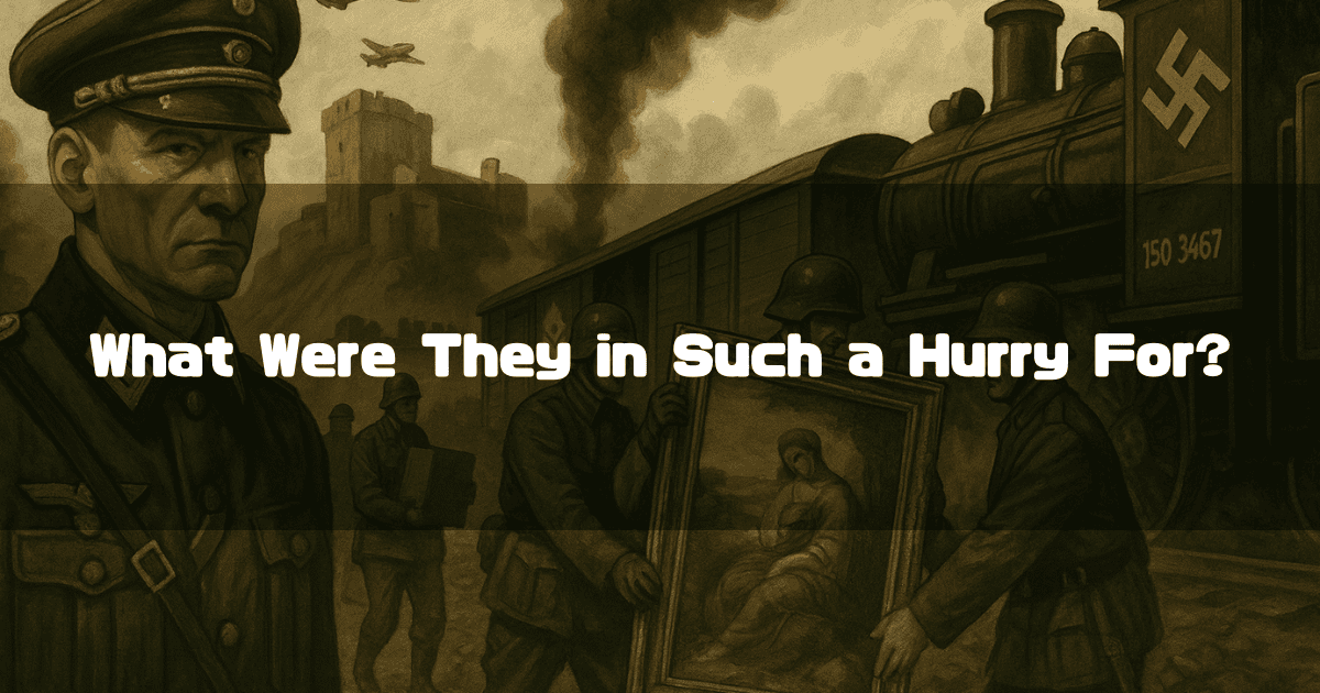 Nazi Soldiers Loading Paintings Onto a Train, With Text Asking, ‘What Were They in Such a Hurry For?’