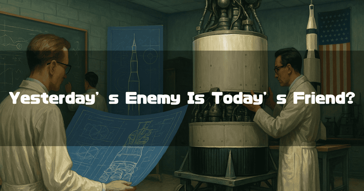 Scientists Working on Rocket Development in a Laboratory, With Text That Reads ‘Yesterday’s Enemy Is Today’s Friend?’