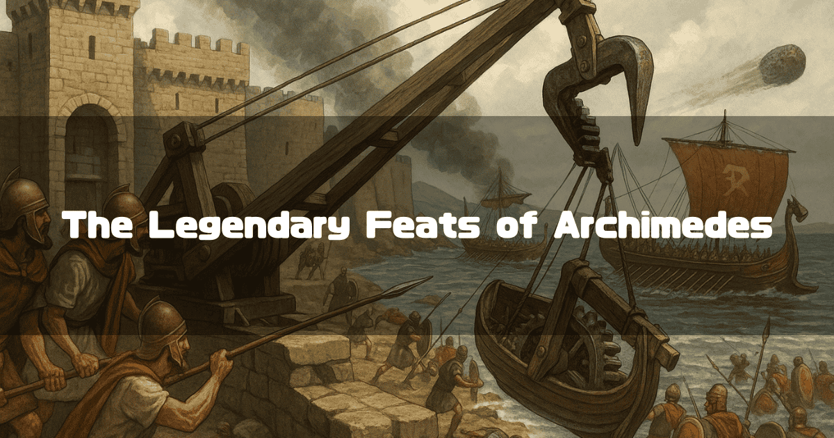 Archimedes’s Claw Lifting an Enemy Ship During an Ancient Naval Battle, With the Title ‘The Legendary Feats of Archimedes’