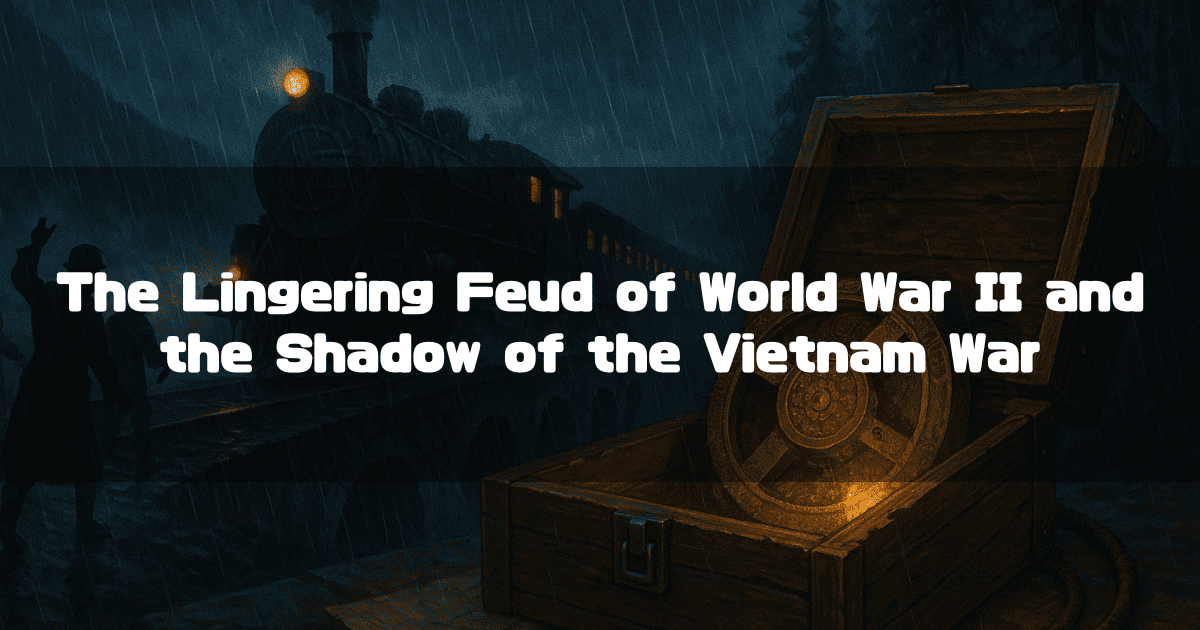 The ‘Dial of Destiny’ Shines in a Wooden Box Against a Backdrop of a Steam Locomotive and Soldiers on a Rainy Night During World War II. The Catch Copy Reads, ‘The Lingering Feud of World War II and the Shadow of the Vietnam War.’