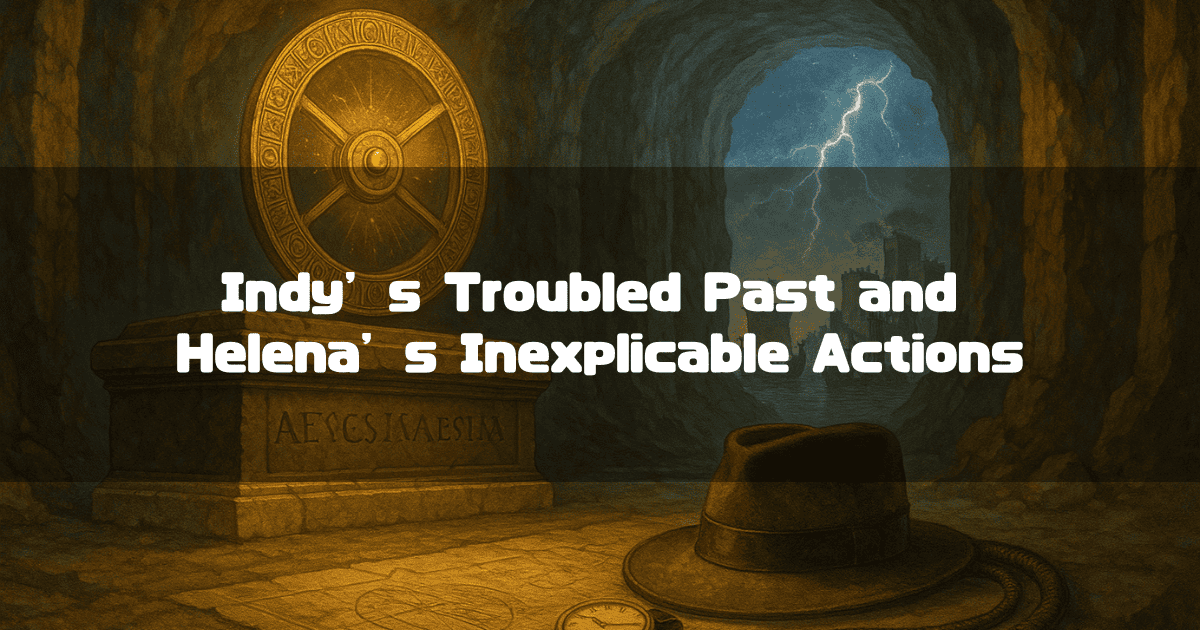 The ‘Dial of Destiny’ and Indiana Jones’s Hat are illuminated in an ancient cave. The catch copy reads, ‘Indy’s Troubled Past and Helena’s Inexplicable Actions.’