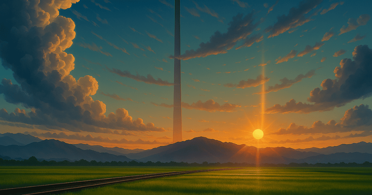 Sunset over green rice fields and railway tracks with a massive tower rising beyond the mountains