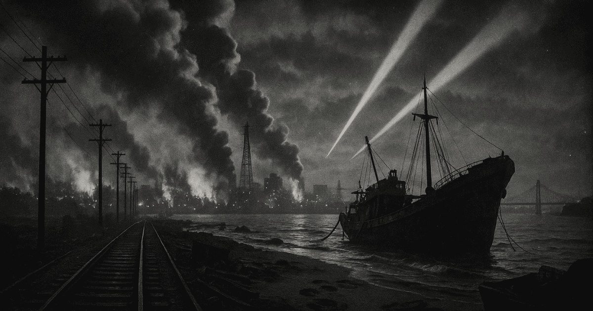 Black-and-white industrial waterfront at night with a cargo ship, railway tracks, factory smoke, and searchlights cutting through the sky
