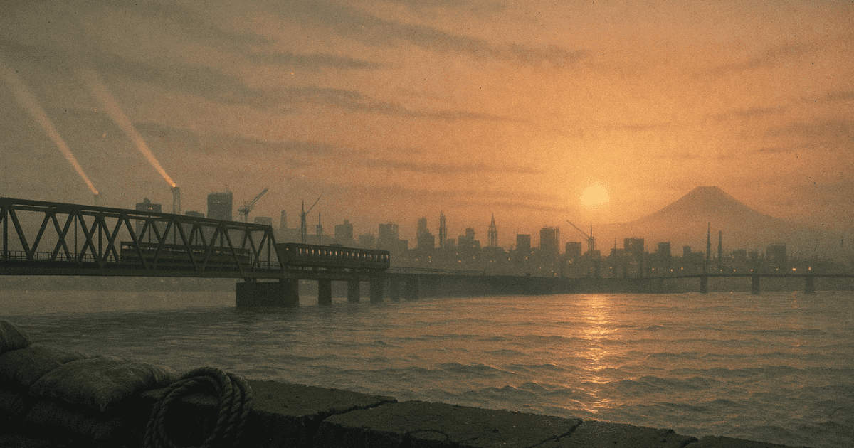 Train crossing a river bridge at sunset with the Tokyo skyline and Mount Fuji in the distance