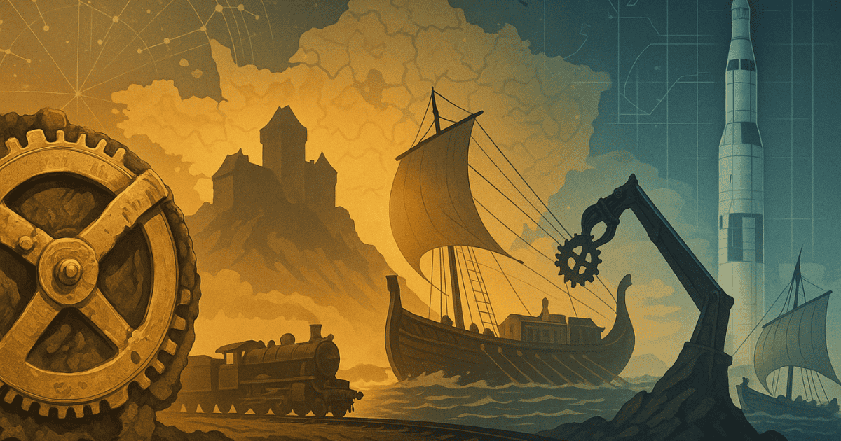 Evolution of human technology from ancient machinery and sailing ships to steam locomotives, industrial engineering, and space exploration