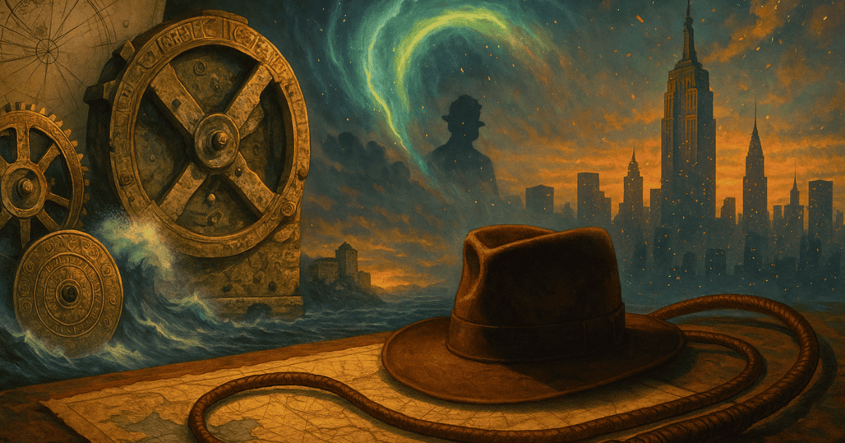 Ancient gears, a fedora and whip, and a modern city skyline beneath a dramatic supernatural sky symbolizing adventure, history, and technological progress