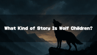 A silhouette of a wolf howling on a cliff against a backdrop of dark, rainy mountains at dusk, with text overlay reading, “What Kind of Story Is Wolf Children?”