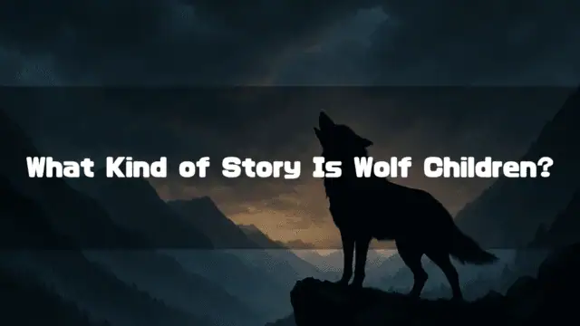 A silhouette of a wolf howling on a cliff against a backdrop of dark, rainy mountains at dusk, with text overlay reading, “What Kind of Story Is Wolf Children?”