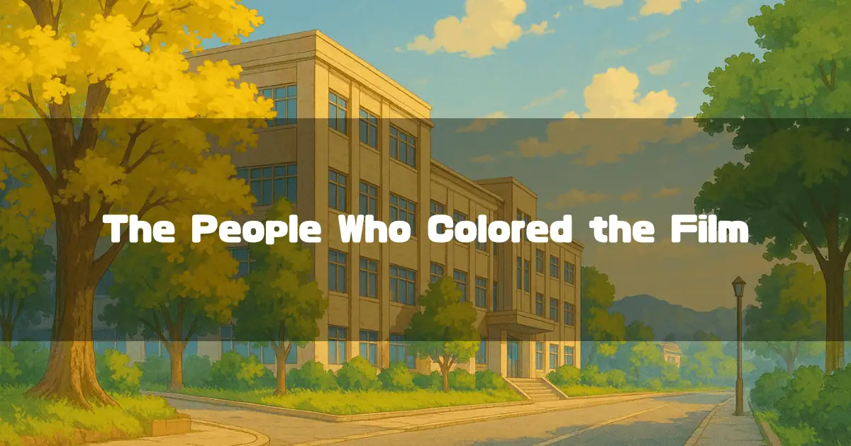 A School Building Surrounded by Trees, With Text That Reads ‘The People Who Colored the Film.’