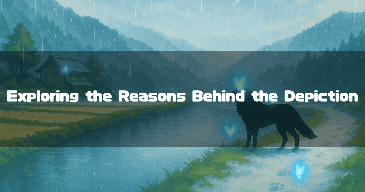 A black wolf stands in a rainy countryside landscape, surrounded by glowing blue butterflies. Rice paddies and an old house are visible in the distance. In the center of the image, white text reads, ‘Exploring the ‘Reasons’ Behind the Depiction.’