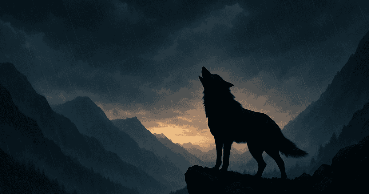 Lone wolf howling on a mountain ridge in a dark rainstorm at sunset