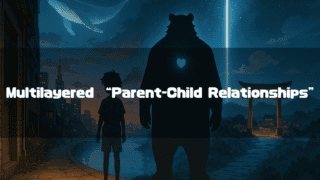 Back view of Kumatetsu and Kyuta from The Boy and the Beast looking at a whale in the starry sky, with the text overlay Multilayered Parent-Child Relationships
