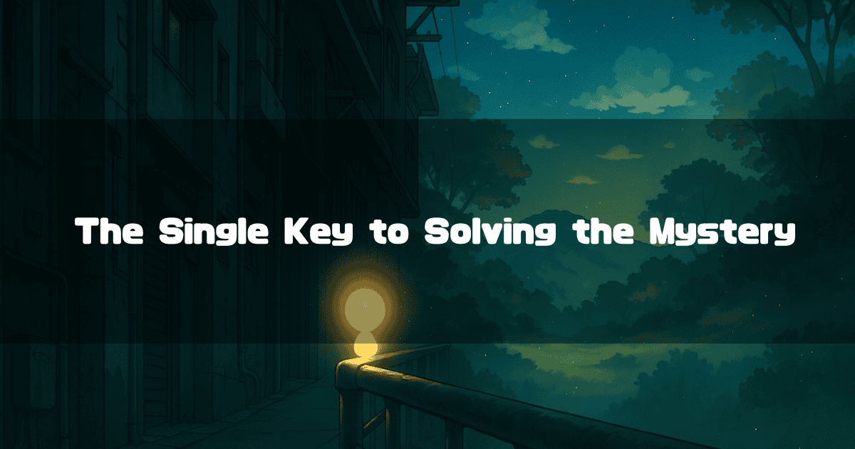 A Quiet Cityscape and a Forest in the Distance in the Dim Light Before Dawn. Several Small Lights Are Lit Along the Railing in the Foreground. Text Overlay Reads ‘The Single Key to Solving the Mystery.’