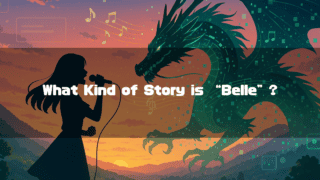 Split illustration contrasting a rural landscape with a smartphone on the left and a dark virtual concert scene with a dragon on the right. Text reads: "What Kind of Story is 'Belle' ?"
