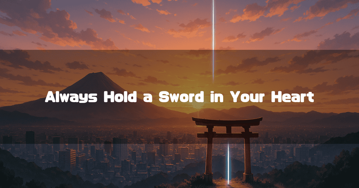 Text Reading ‘Always Hold a Sword in Your Heart.’ Background Image of a Sunset Sky, Mount Fuji, City Buildings, and a Torii Gate Pierced by a Sword of Light.