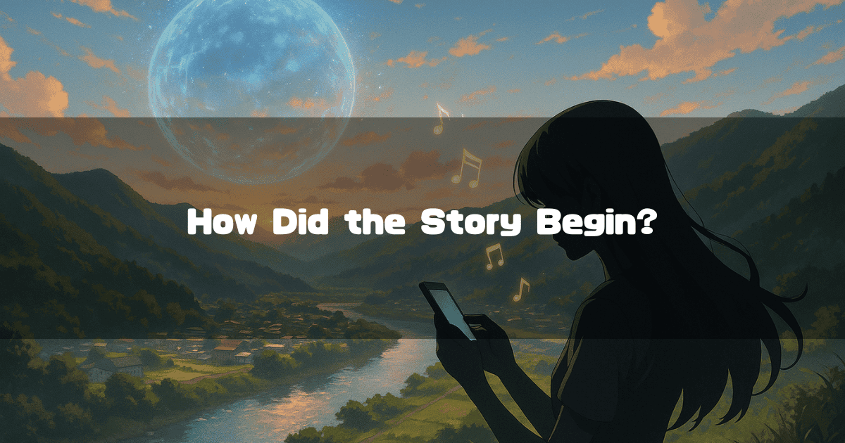 Text Reading ‘How Did the Story Begin?’ Silhouette of a Girl Looking at a Smartphone, With a Background Contrasting a Submersible Bridge in Kochi and the Moon in the Virtual World