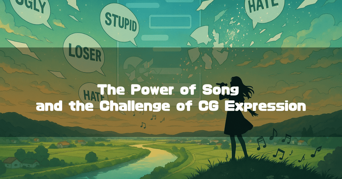 Text Reading ‘The Power of Song and the Challenge of CG Expression.’ An Illustration Depicting Speech Bubbles with Slanderous Words Shattering and a Singing Voice Resounding