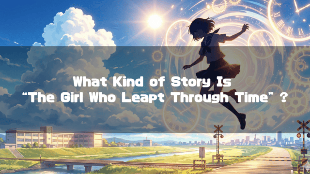 Anime-style girl leaping with floating clock gears above a school and riverbank. Text reads: "What Kind of Story Is “The Girl Who Leapt Through Time” ?"