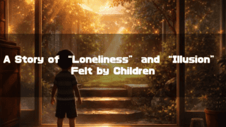 Child looking into a golden, sunlit garden from a doorway. Text reads: "A Story of "Loneliness" and "Illusion" Felt by Children".