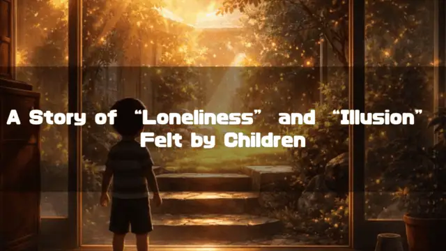 Child looking into a golden, sunlit garden from a doorway. Text reads: "A Story of "Loneliness" and "Illusion" Felt by Children".