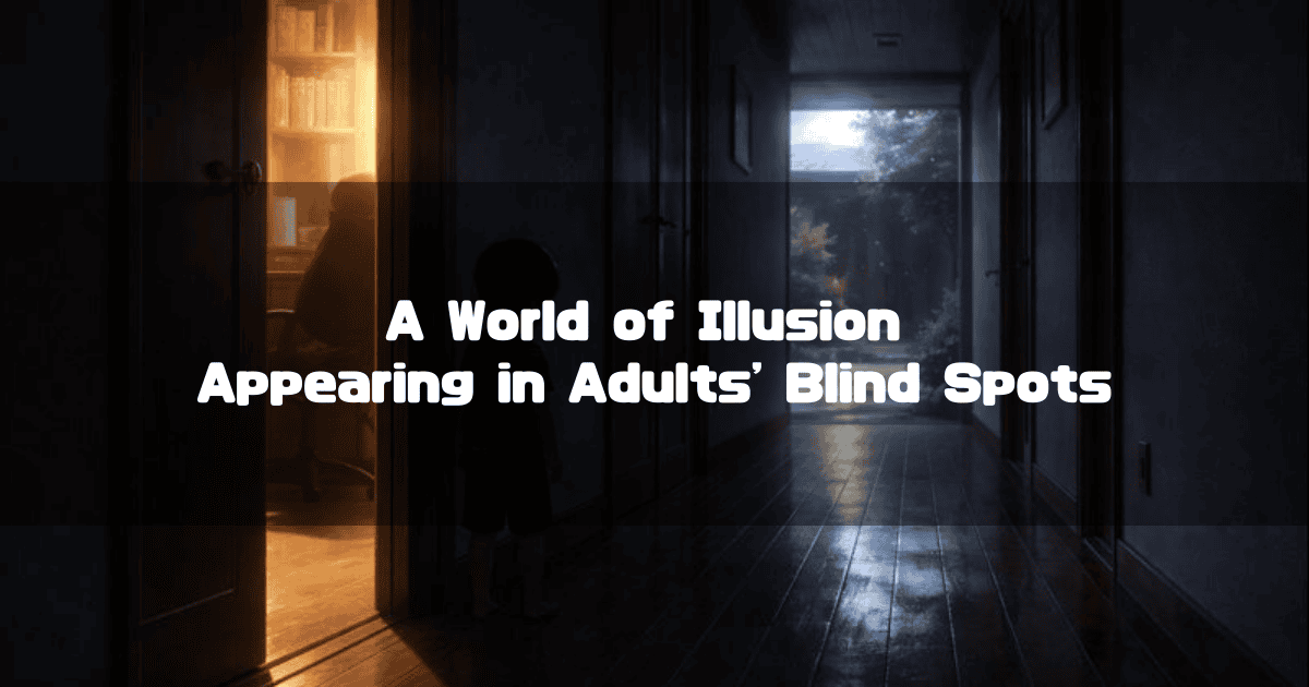 Silhouette of a child standing in a dark hallway near a lit room. Text reads: 'A World of Illusion Appearing in Adults' Blind Spots'.