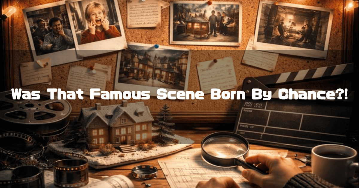 Corkboard with movie scene photos above a desk featuring a film reel, clapperboard, and magnifying glass. Text reads: 'Was That Famous Scene Born By Chance?!'
