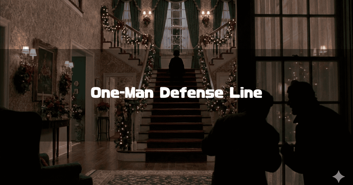 Silhouettes of two figures peering through a window at a child standing on a Christmas-decorated staircase. Text reads: 'One-Man Defense Line'.