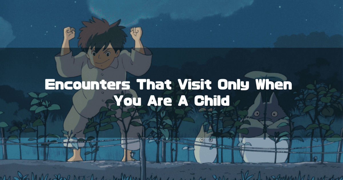 Character in pajamas and Totoro performing a tree-growing ceremony in a garden at night. Text reads: 'Encounters That Visit Only When You Are A Child'