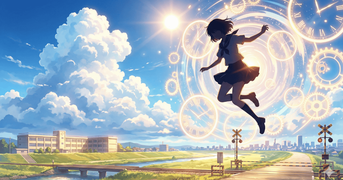 The Girl Who Leapt Through Time schoolgirl jumping through a glowing clock portal above a summer railway crossing