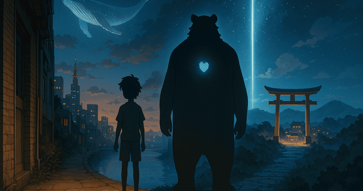 The Boy and the Beast boy standing beside a bear-like beast beneath a starry sky connecting Tokyo and the fantasy world of Jutengai