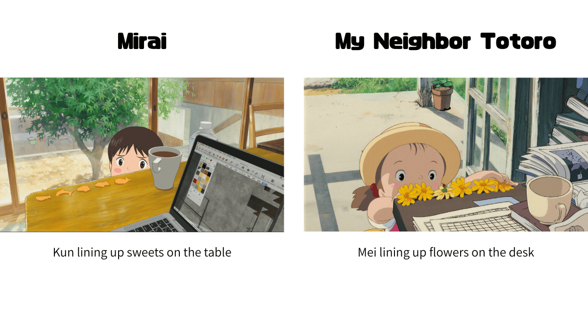 A side-by-side visual comparison of the busy fathers ignoring their children in both Mirai and My Neighbor Totoro
