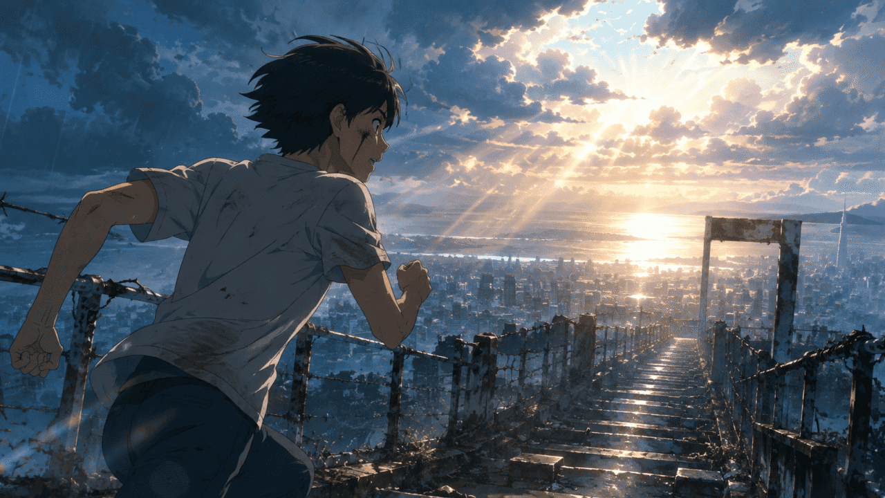 Young man with a bleeding cheek running across a rain-soaked rooftop toward sunlight breaking through storm clouds over Tokyo