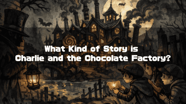 Artistic illustration of children examining a golden ticket outside a gothic, candy-themed factory. Text reads: "What Kind of Story is Charlie and the Chocolate Factory?".