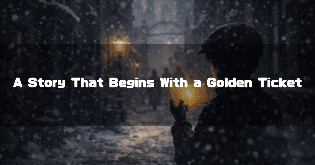 Young boy holding a glowing golden ticket in a snowy winter street scene. Text reads: 'A Story That Begins With a Golden Ticket'.