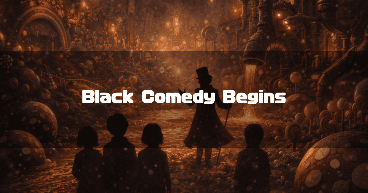 Silhouettes of Willy Wonka and children in a fantastical, steam-filled chocolate factory landscape. Text reads: 'Black Comedy Begins'.