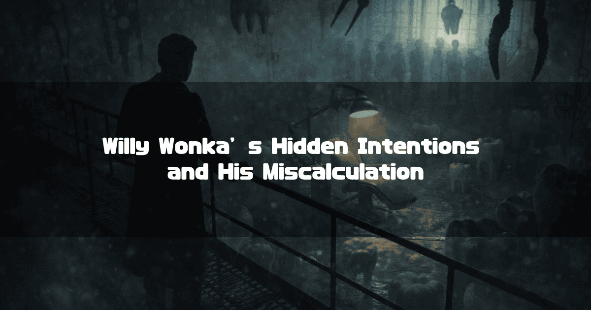 Dark industrial factory scene with a silhouette overlooking giant teeth-like structures. Text reads: 'Willy Wonka's Hidden Intentions and His Miscalculation'.