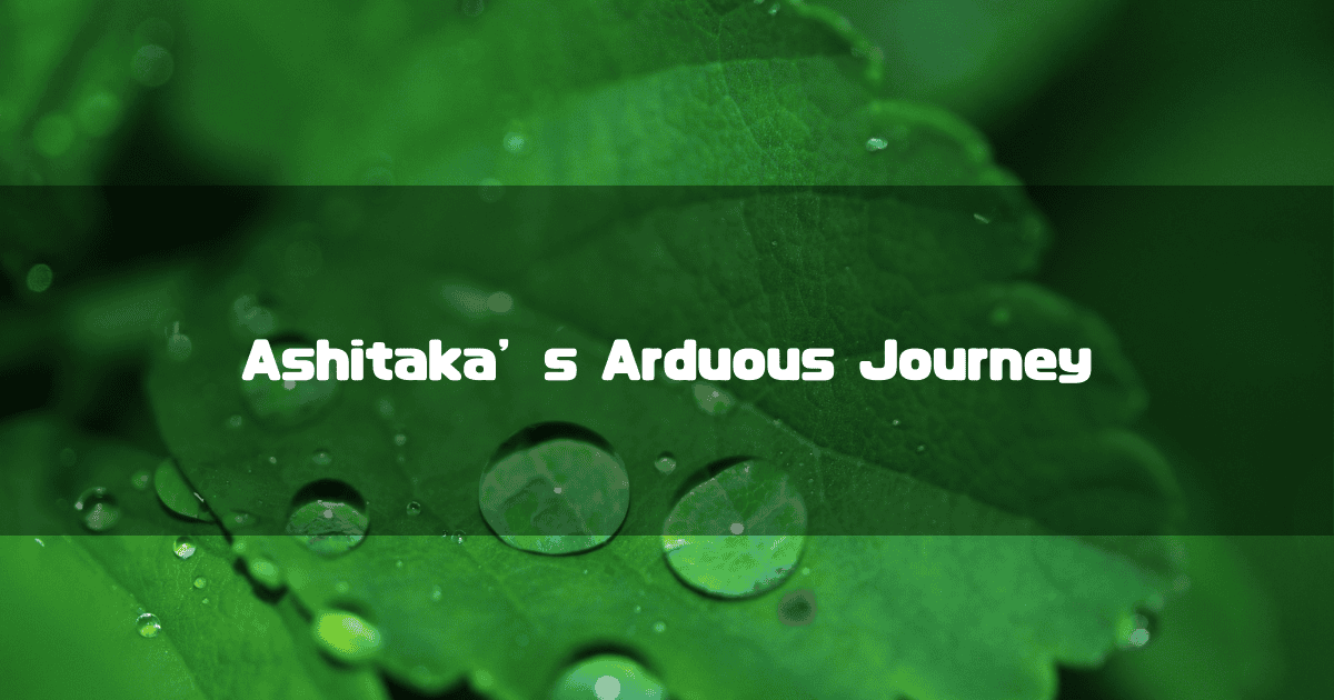 Close-up of a green leaf with water droplets. Text reads: 'Ashitaka's Arduous Journey'.