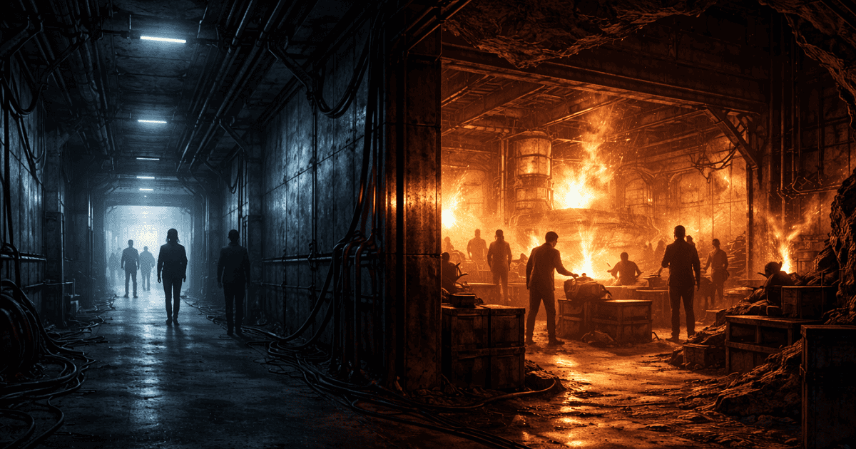 Split scene showing figures walking down a dark concrete corridor alongside workers in a brightly lit, fiery industrial forge.