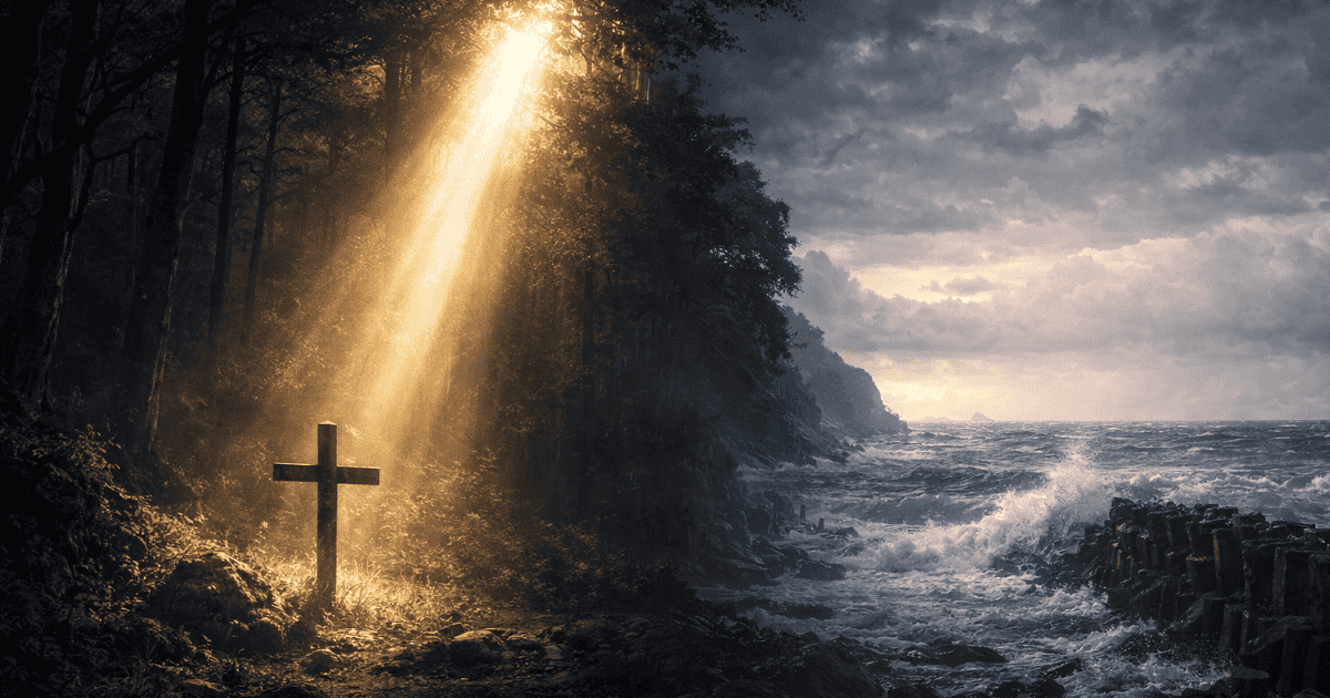 Wooden cross on a rocky shore illuminated by a vibrant beam of sunlight piercing through dark stormy clouds over ocean waves.