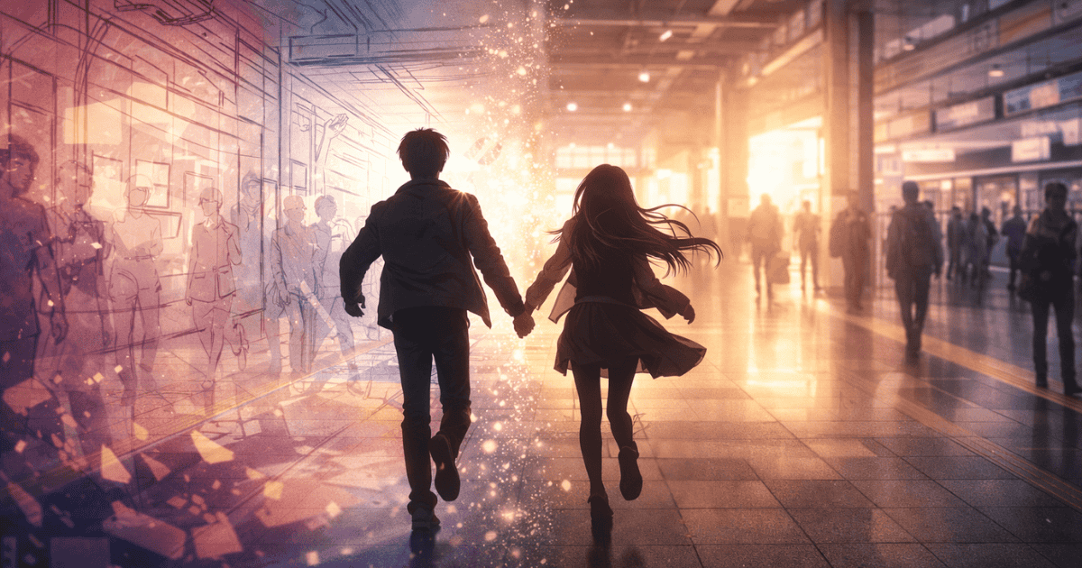 Couple holding hands running through a train station, with the left side magically transitioning into an illustrative sketch.