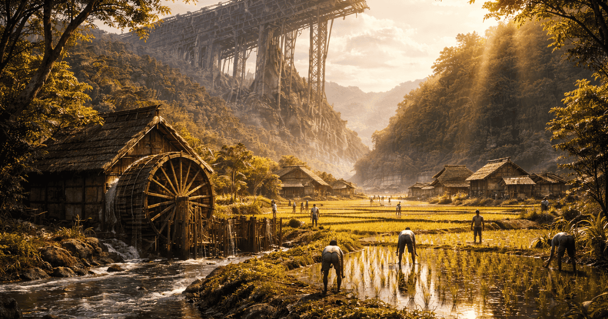 Farmers working in sunlit rice paddies near a wooden water wheel, with massive futuristic ruins built into the distant mountains.