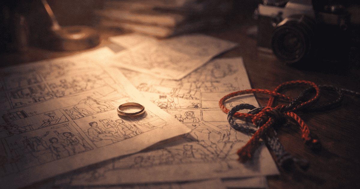Dimly lit desk displaying storyboard sketches, a gold ring, braided red and blue cords, and a vintage camera.