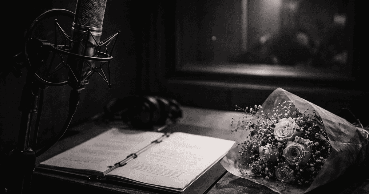 Black and white recording studio desk featuring a broadcast microphone, open script, headphones, and a rose bouquet.