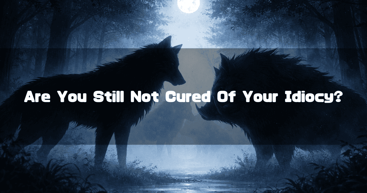 Silhouetted wolf and wild boar confronting each other in a dark, moonlit forest. Text reads: "Are You Still Not Cured Of Your Idiocy?".