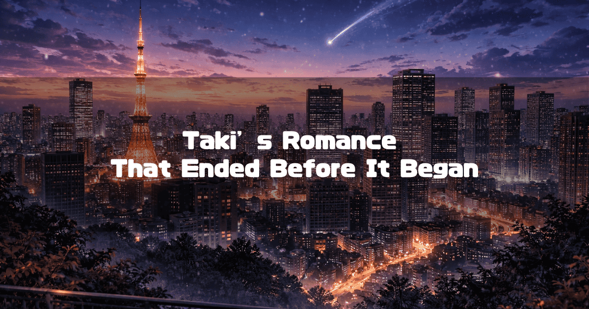 Nightscape of a sprawling city with an illuminated tower and a comet in the starry sky. Text reads: "Taki's Romance That Ended Before It Began".