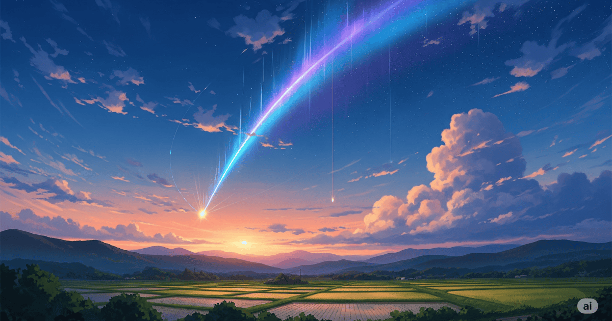 Glowing comet streaking across a starry twilight sky above rural rice fields and distant mountains
