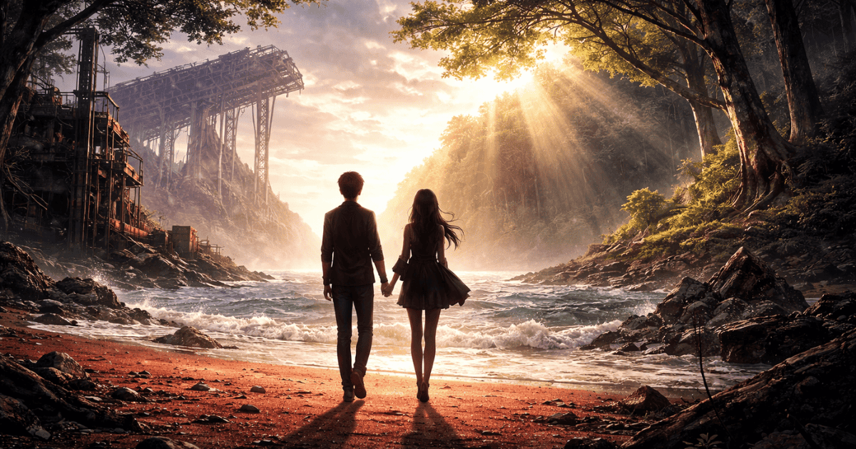 Young man and woman holding hands on a rocky shore between overgrown forest and abandoned industrial ruins at sunset
